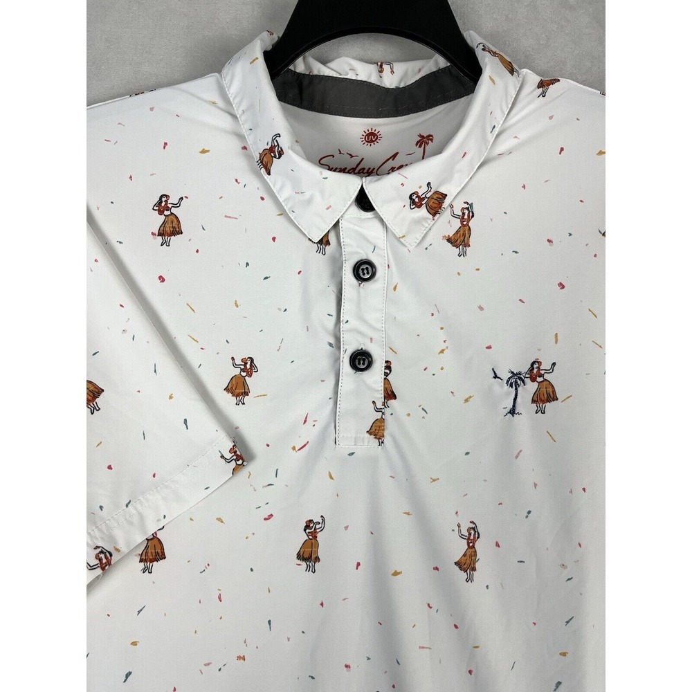 Sunday Crew Polo Shirt Adult XL White Regular Fit UPF50 Stretch The Sun Bus Hula